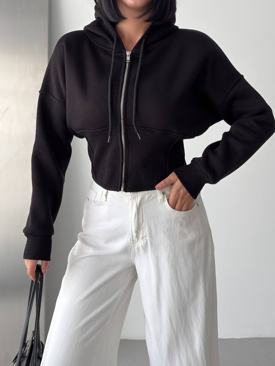 Korseli Fermuarlı Crop Sweat