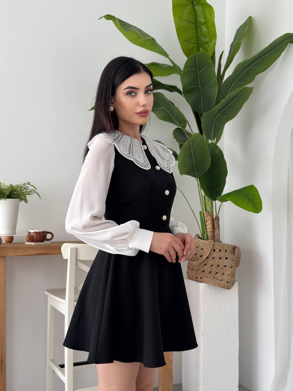 İnci İşlemeli Yakalı Şifon Kollu Mini Elbise - Uzun Kollu Kadın Elbise