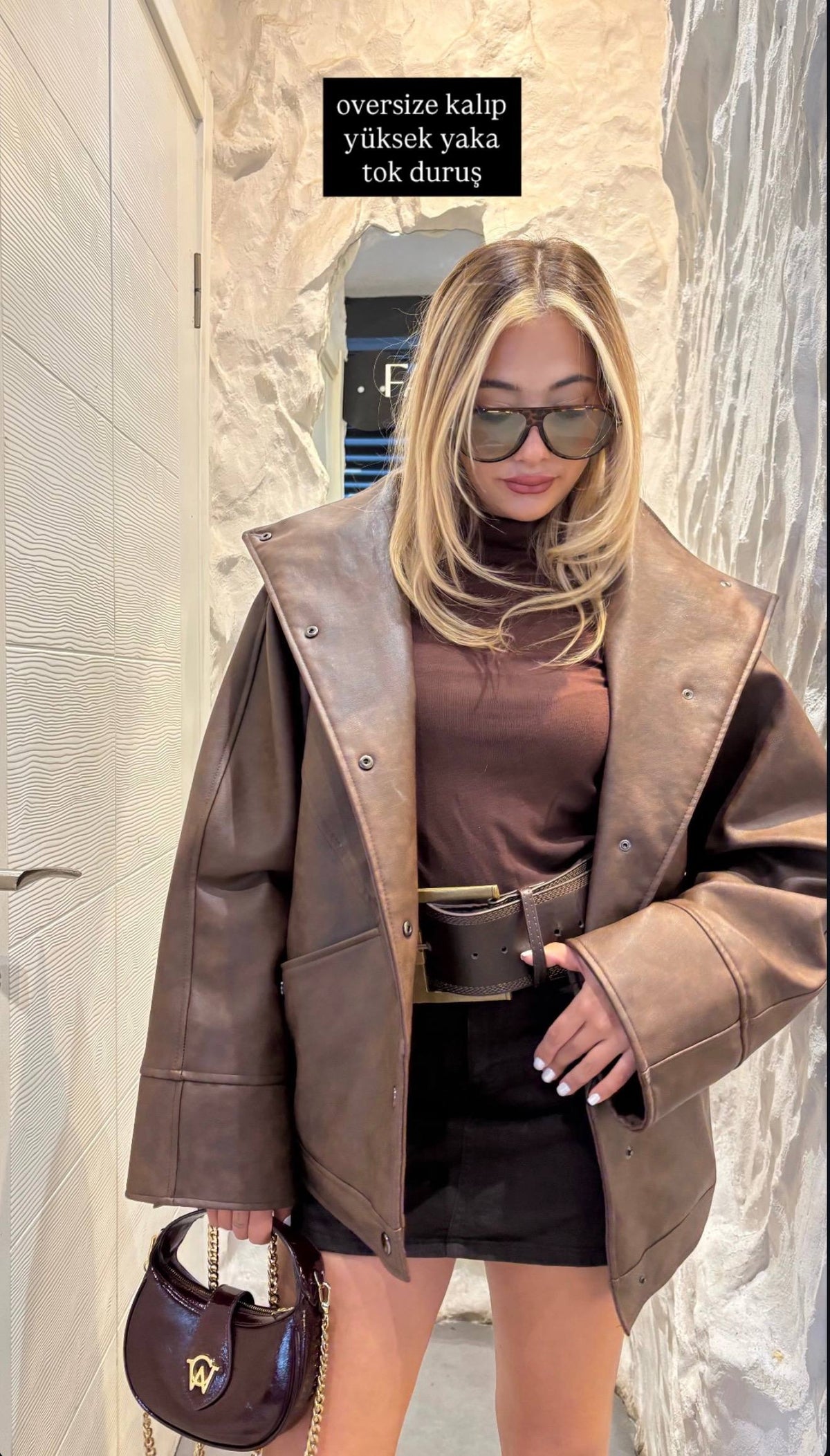 Oversize Suni Deri Ceket - Yüksek Yaka Kadın Deri Ceket Modelleri