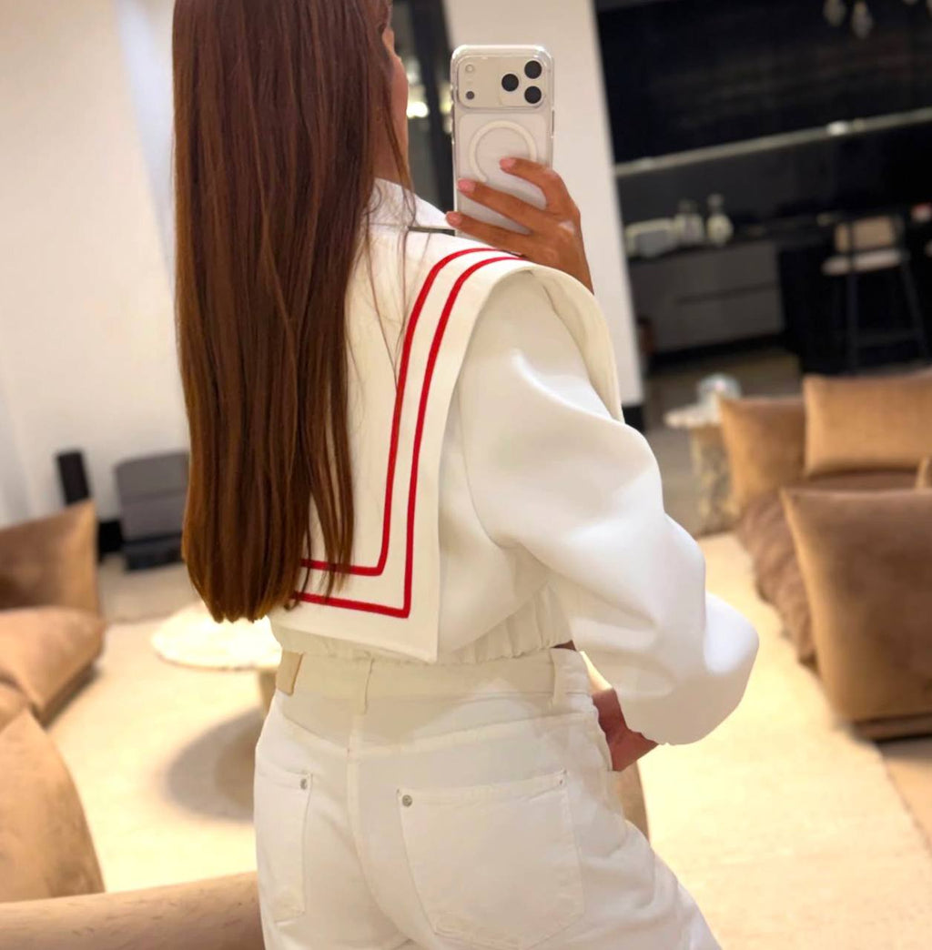 Denizci Yaka Gold Düğmeli Crop Ceket