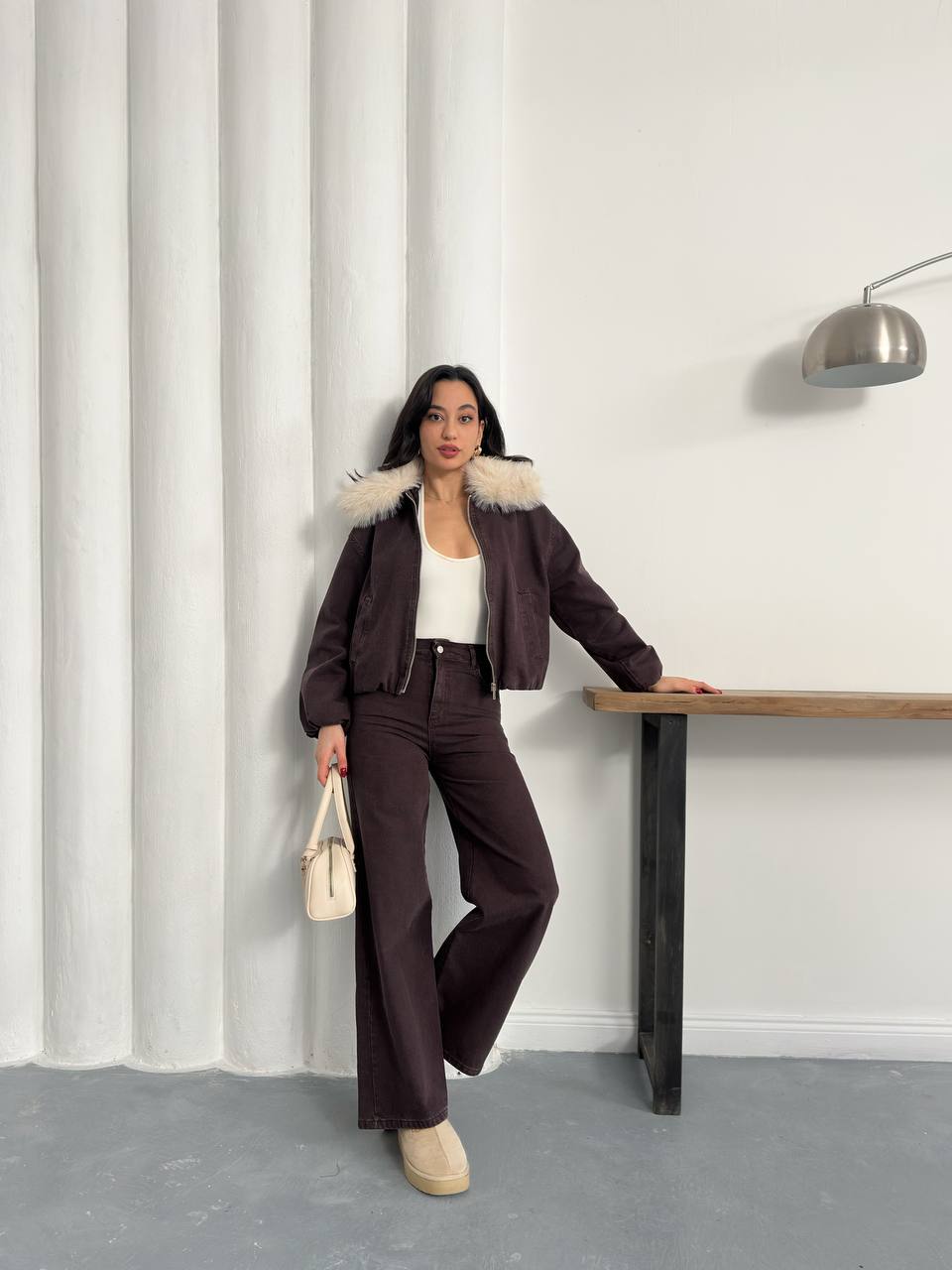 Kairi Kürk Yakalı Fermuarlı Bomber Ceket Pantolon Takımı - Kahverengi, Lacivert