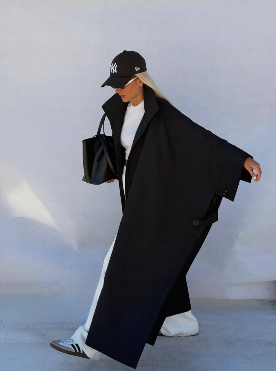 Yüksek Yaka Oversize Pelerin Kaban - Geniş Kollu Uzun Siyah Kadın Pelerin