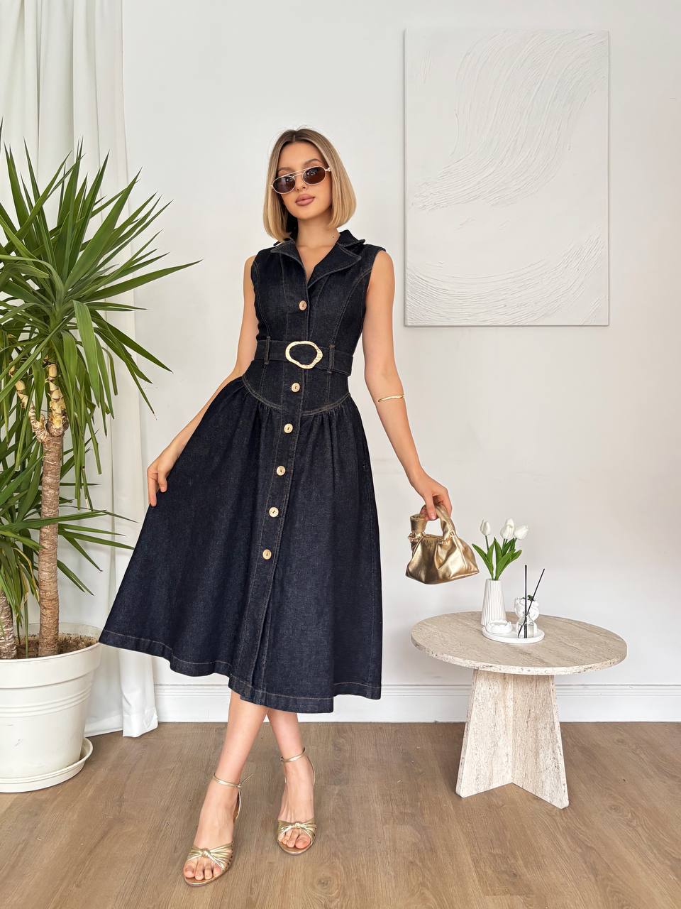 Denim Button-Down Dress with Belt Detail