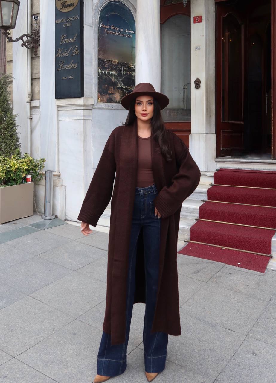 Selanik Örgü Şal Yaka Oversize Maxi Kadın Hırka