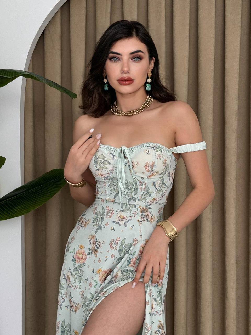 Çiçek Desenli Korset Midi Elbise