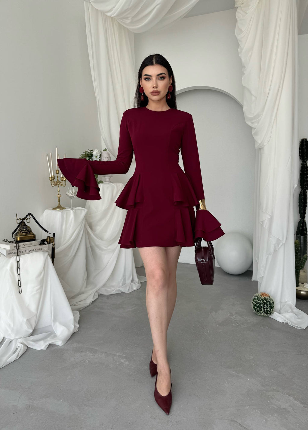 Çift Volanlı Kollu Mini Elbise - Peplum Detaylı Kadın Elbise