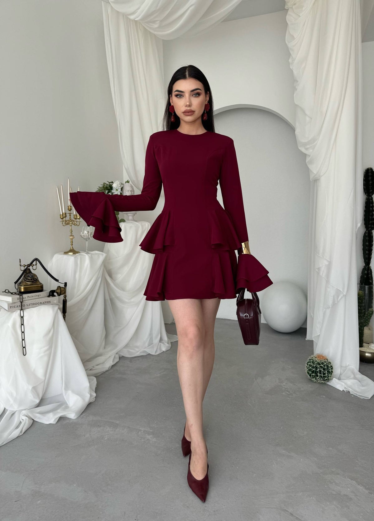 Çift Volanlı Kollu Mini Elbise - Peplum Detaylı Kadın Elbise