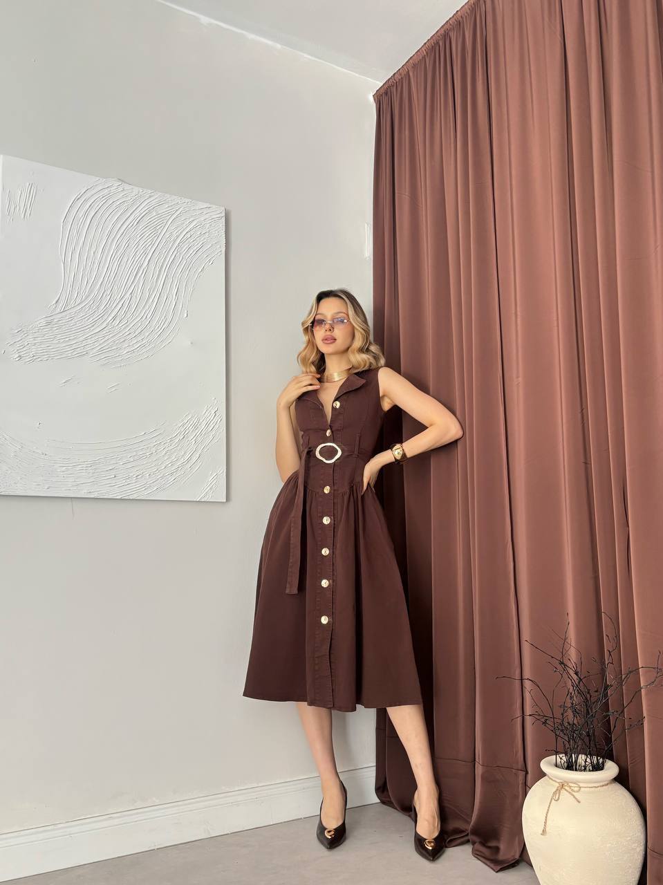 Denim Button-Down Dress with Belt Detail