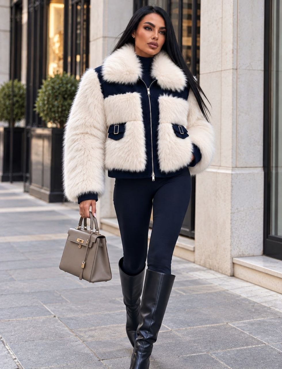 Kontrast Fırfırlı Süet Peplum Ceket - Siyah Beyaz