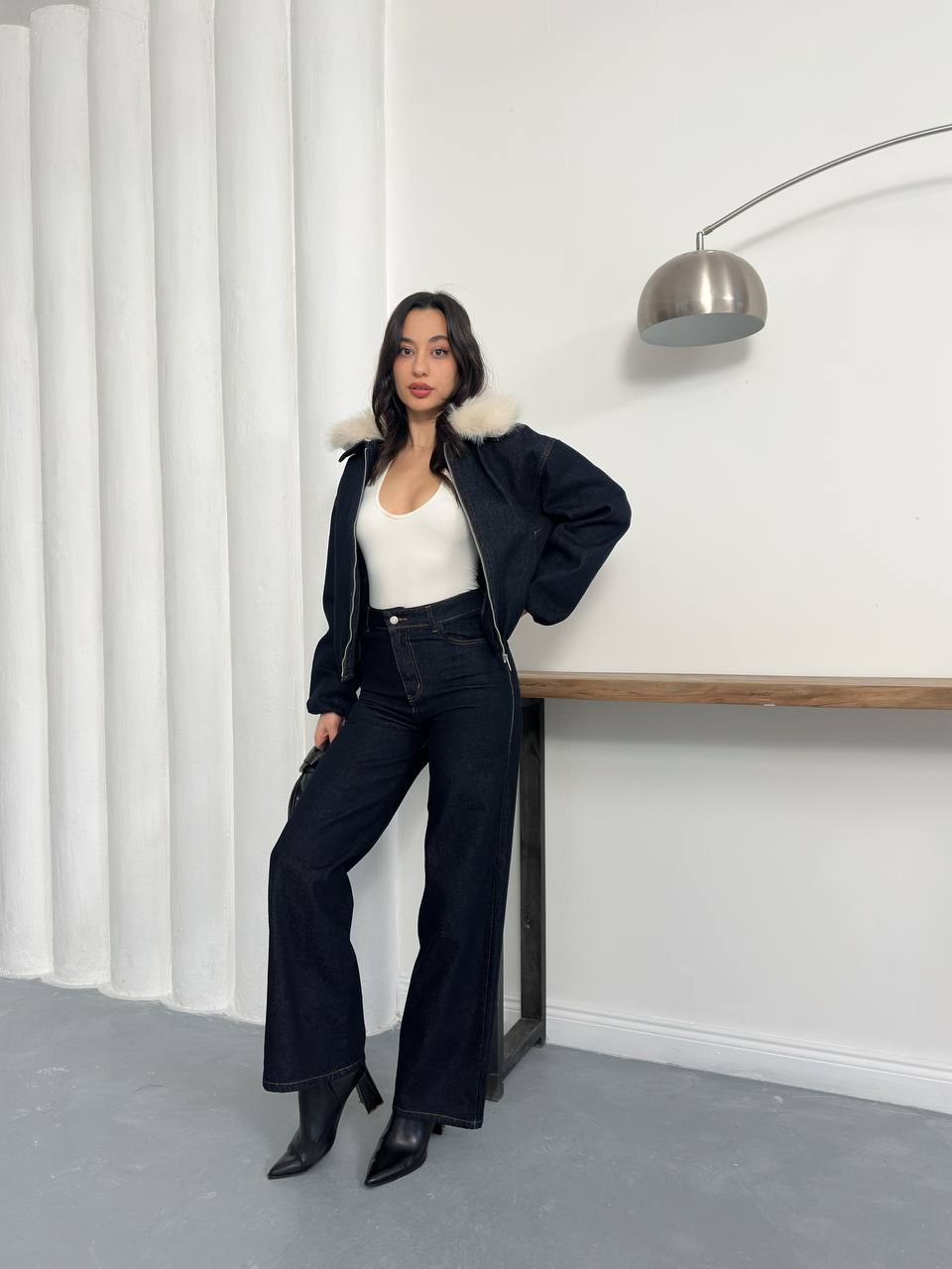 Kairi Kürk Yakalı Fermuarlı Bomber Ceket Pantolon Takımı - Kahverengi, Lacivert