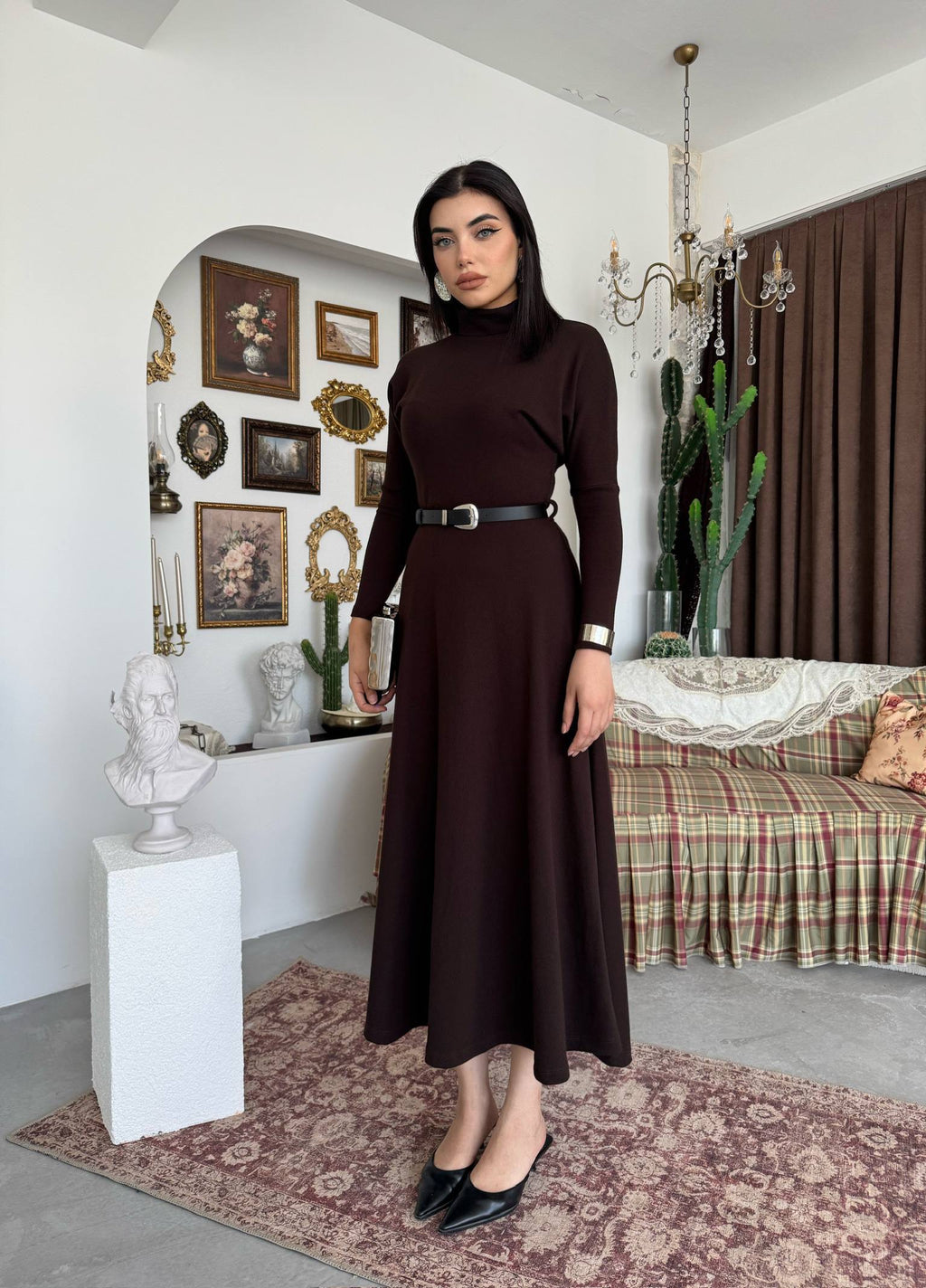 Triko Kemerli Balıkçı Yaka Elbise - Uzun Kollu Kadın Elbise