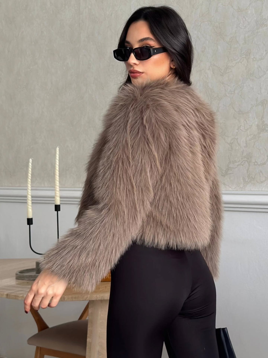 Crop Peluş Suni Kürk Ceket