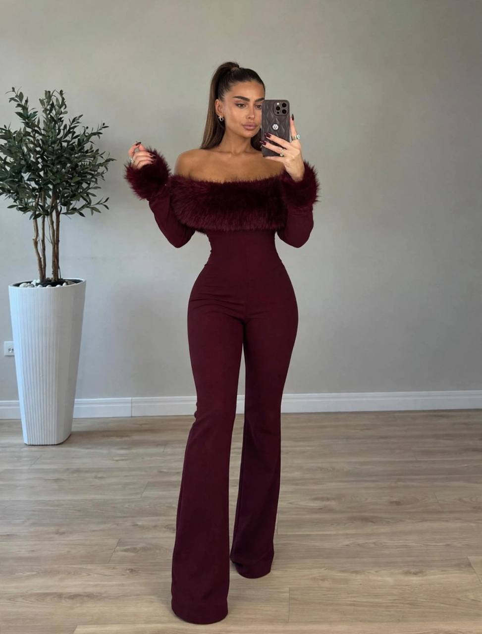 Vizon Kürk Detaylı Maxi Boy Tulum - Bordo