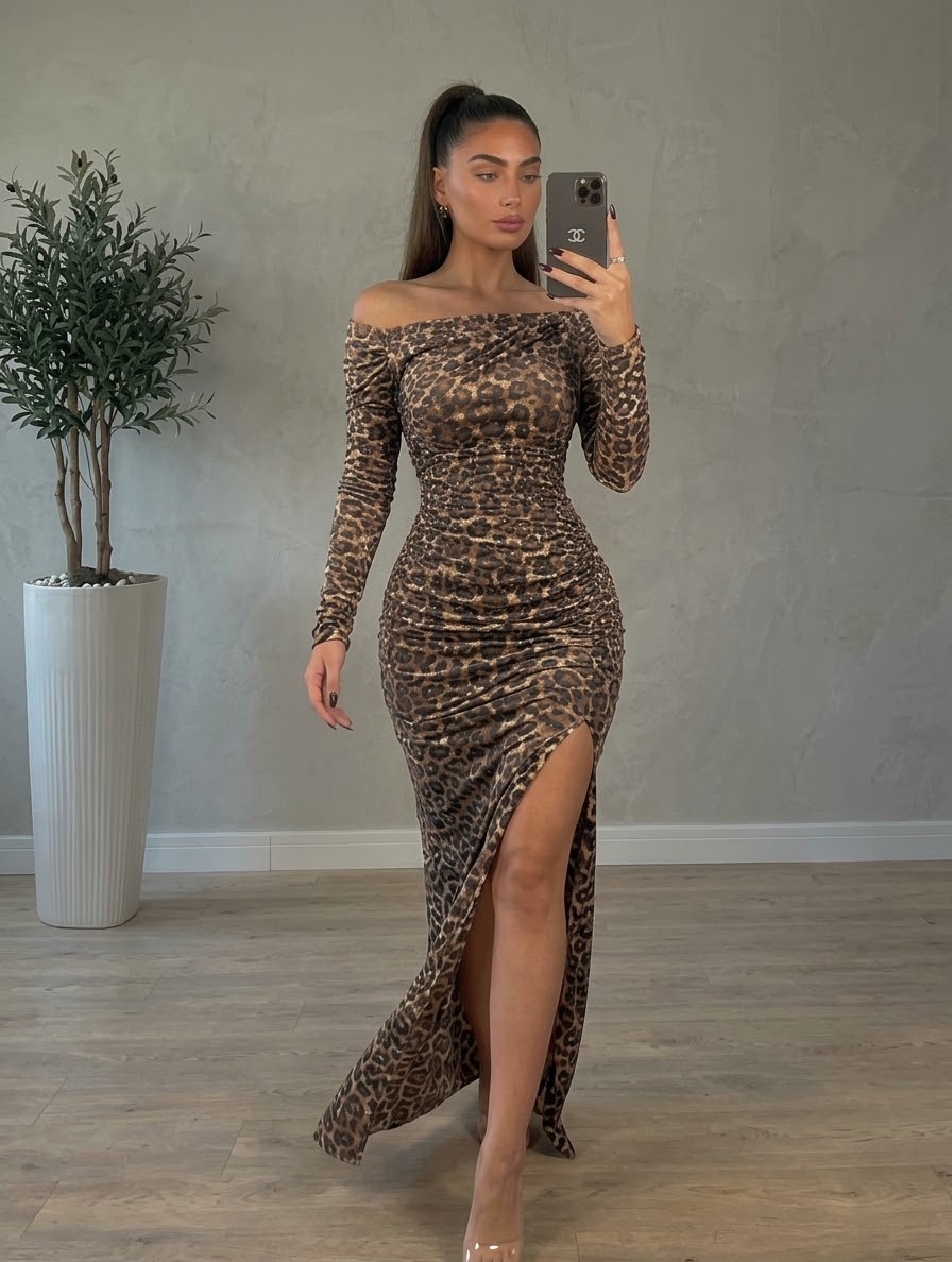 Taş Detaylı Leopar Desenli Drapeli Maxi Elbise