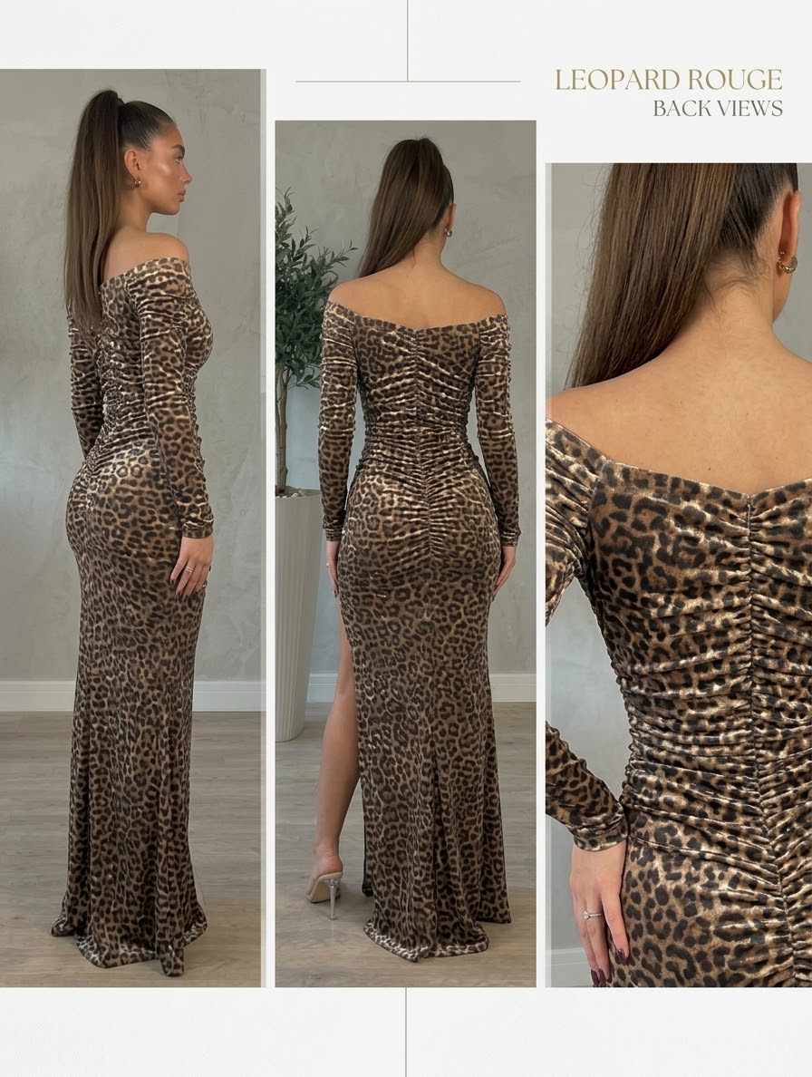 Taş Detaylı Leopar Desenli Drapeli Maxi Elbise