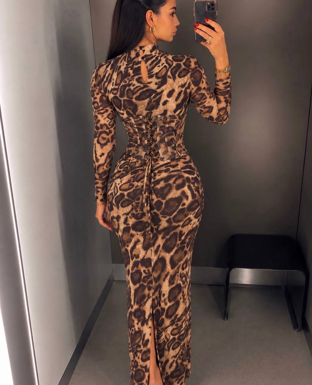 Leopar Desenli Korseli Maxi Elbise