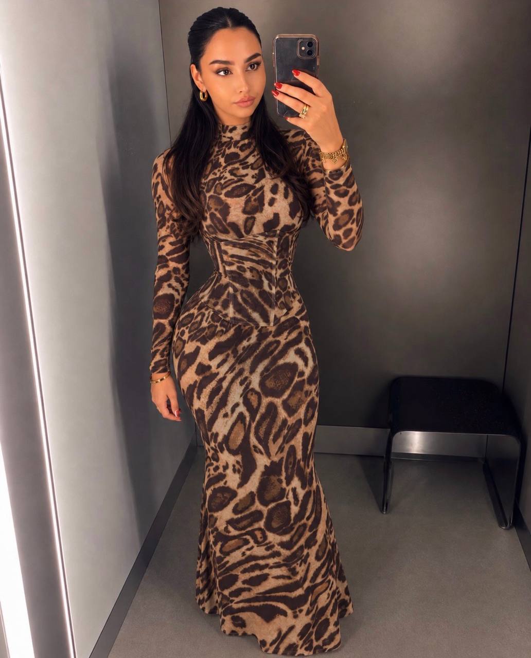 Leopar Desenli Korseli Maxi Elbise