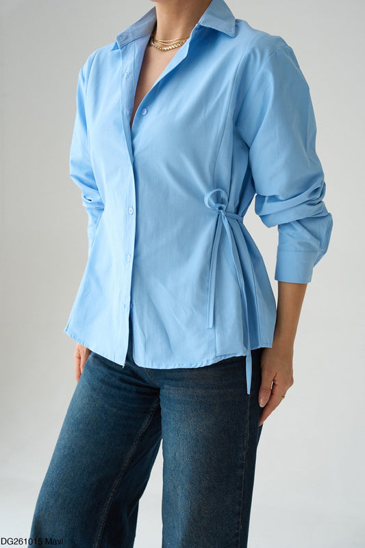 Qerı Kemerli Gömlek - Yan Bağlama Detaylı Uzun Kollu Gömlek - Mavi, Beyaz