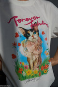 Queri 100% Pamuklu Baskılı Tişört - Forever Fabulous Kedi Desenli Oversize Tişört - Beyaz
