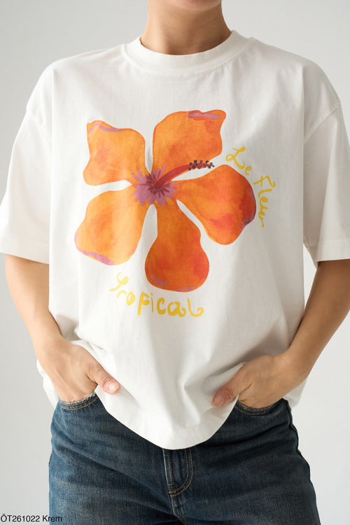 100% Pamuklu Baskılı Tişört - Tropical Çiçek Desenli Oversize Tişört - Beyaz