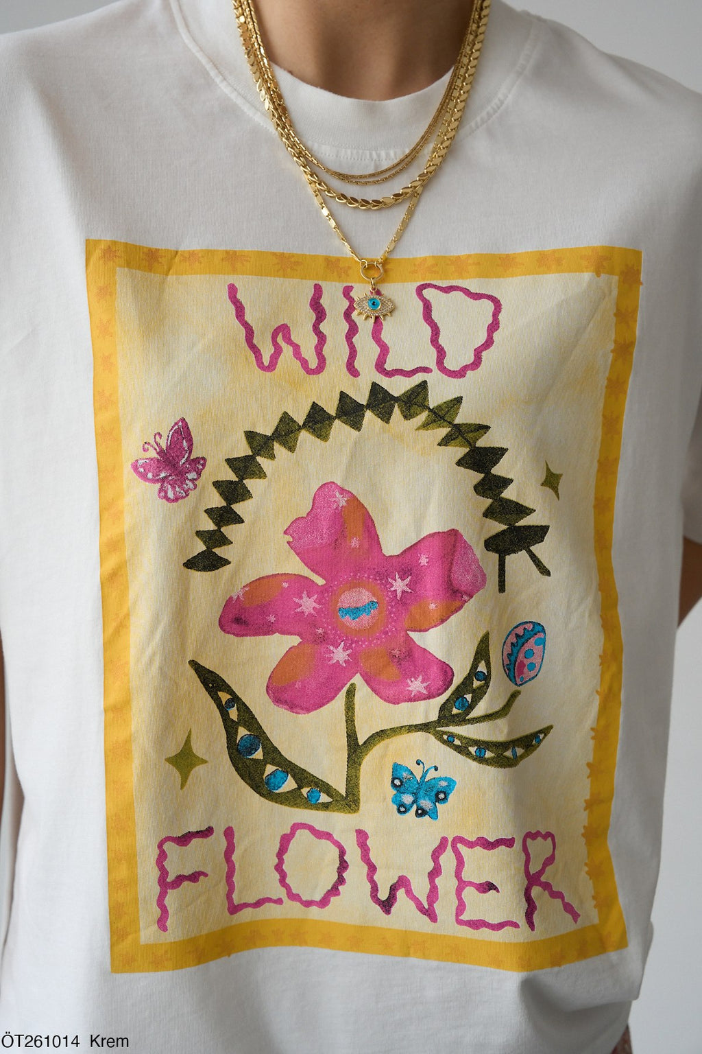 Baskılı Oversize %100 pamuk Beyaz Tişört - Wild Flower