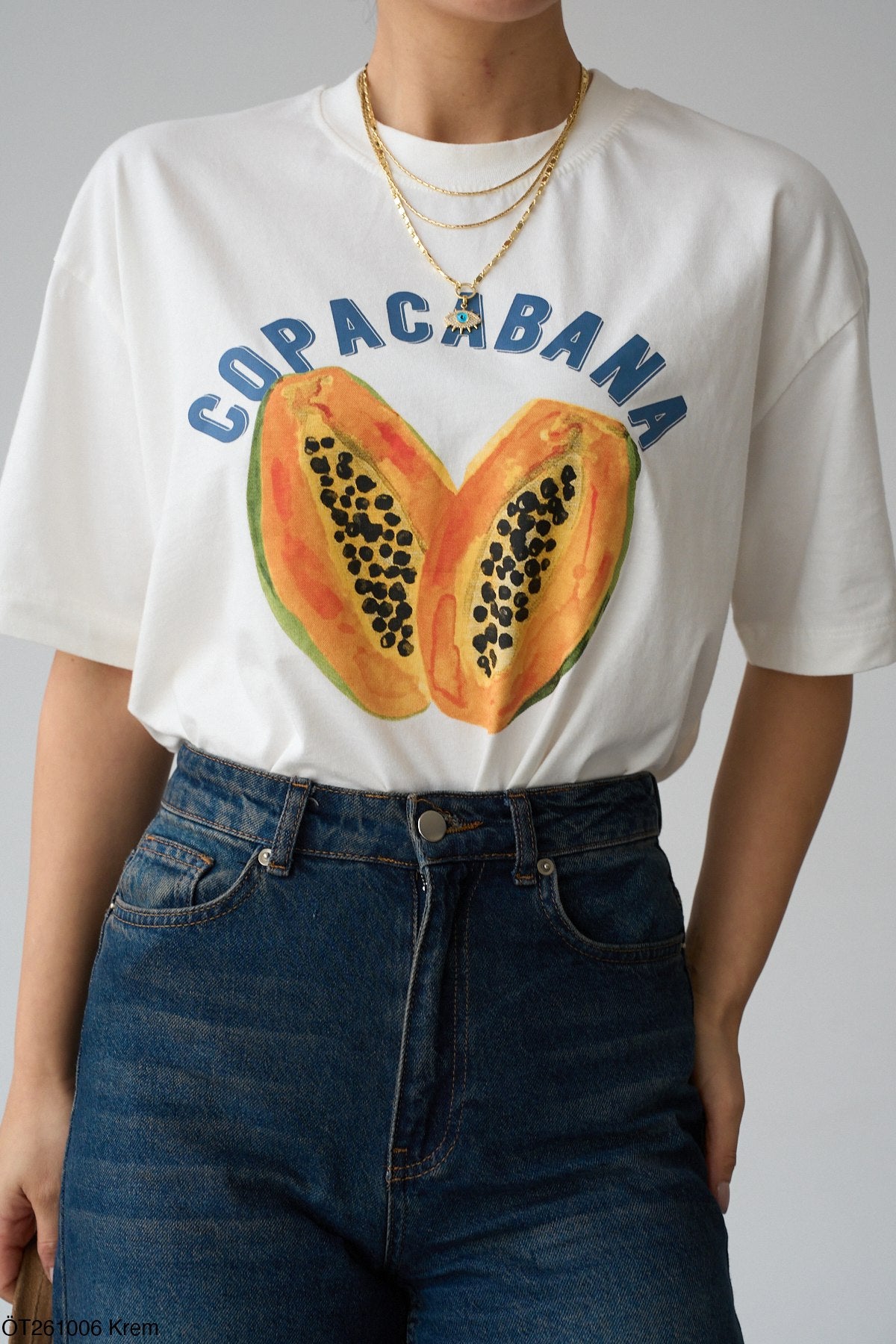 Copacabana Baskılı Oversize Tişört - Papaya Meyve Grafik Baskılı 100% Pamuklu Tişört