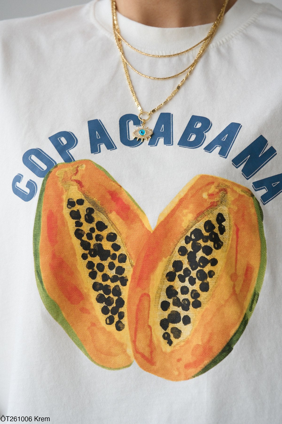 Copacabana Baskılı Oversize Tişört - Papaya Meyve Grafik Baskılı 100% Pamuklu Tişört