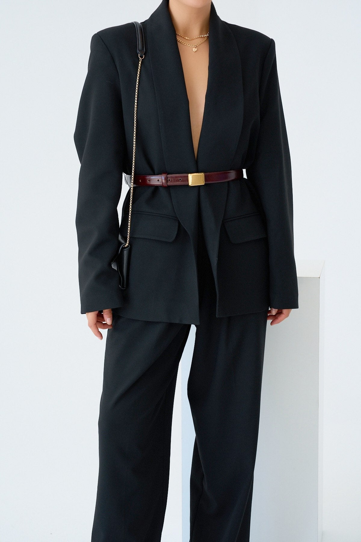 Oversize Blazer Ceket - Şal Yakalı Cepli Blazer - Siyah