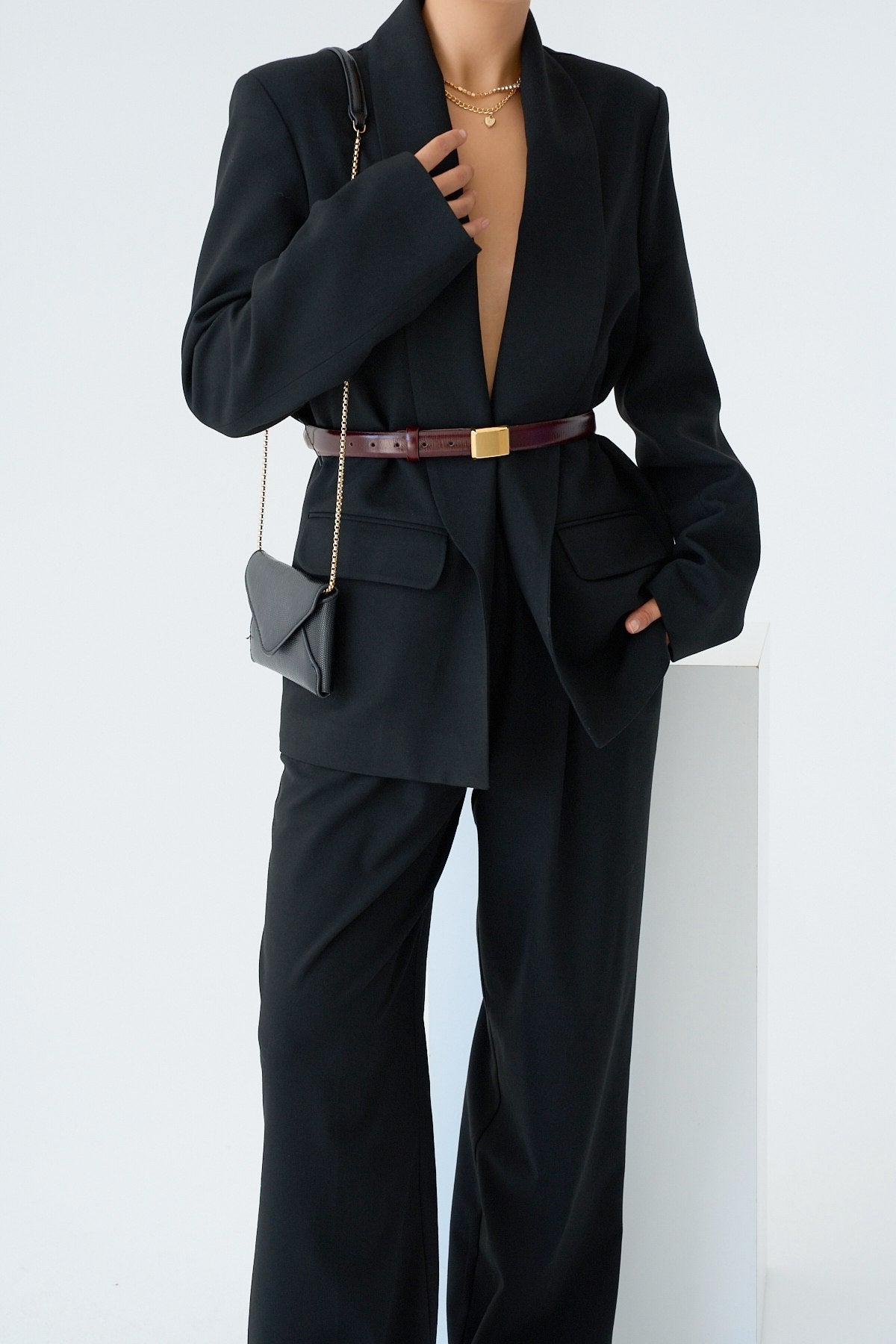 Oversize Blazer Ceket - Şal Yakalı Cepli Blazer - Siyah