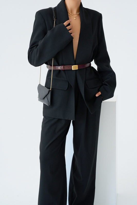 Oversize Blazer Ceket - Şal Yakalı Cepli Blazer - Siyah