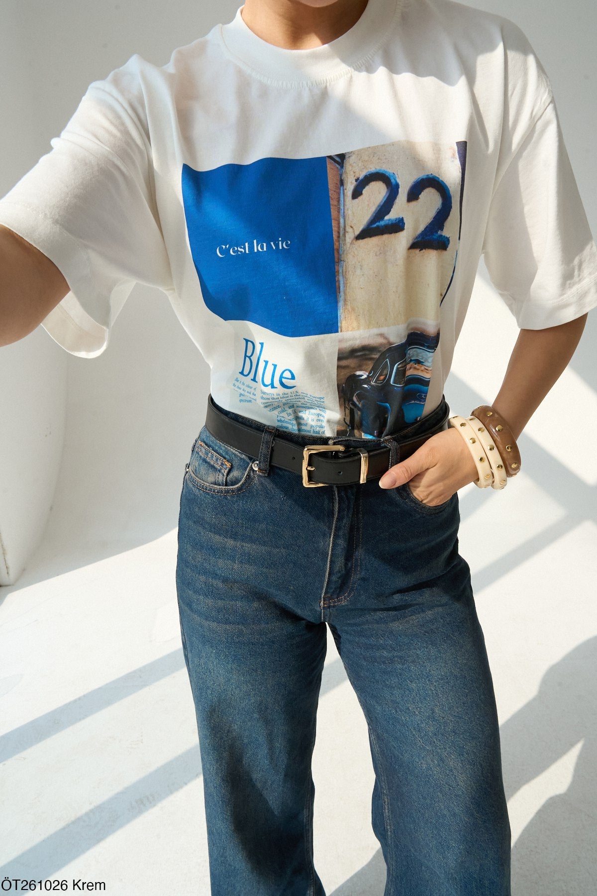 %100 pamuk Oversize Baskılı Tişört - C'est La Vie Blue 22