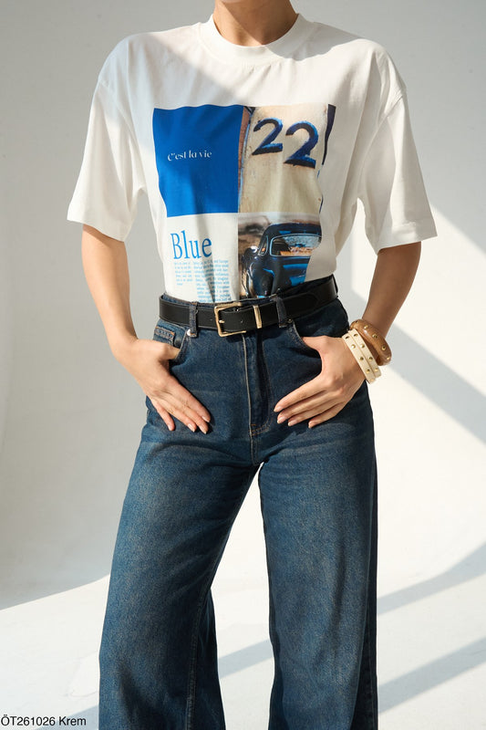 %100 pamuk Oversize Baskılı Tişört - C'est La Vie Blue 22