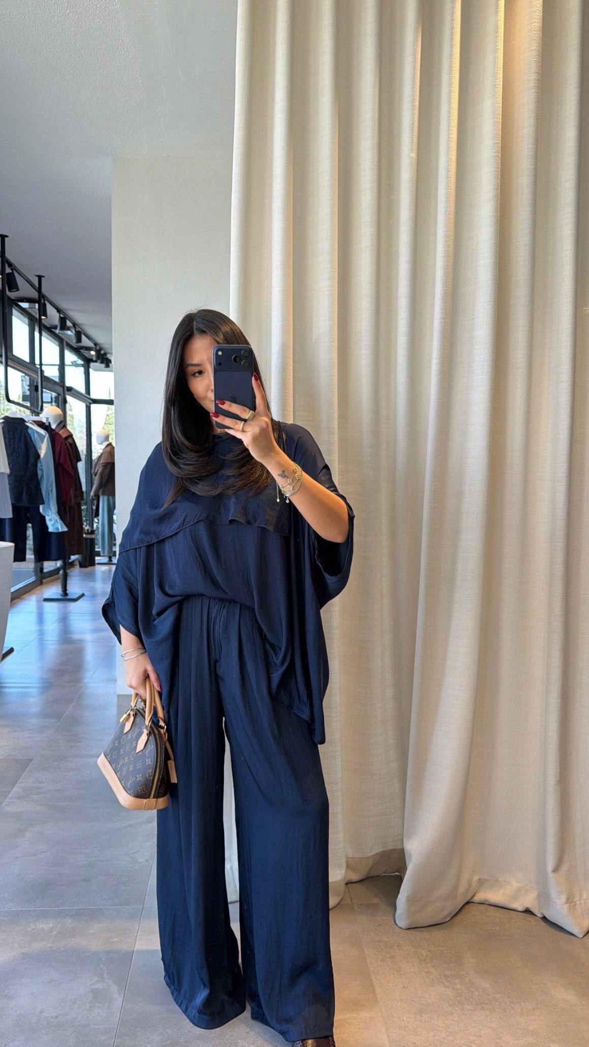 Msyo İkili Takım - Yarasa Kol Bluz ve Bol Paça Pantolon Takımı - Siyah, Kahverengi, Haki