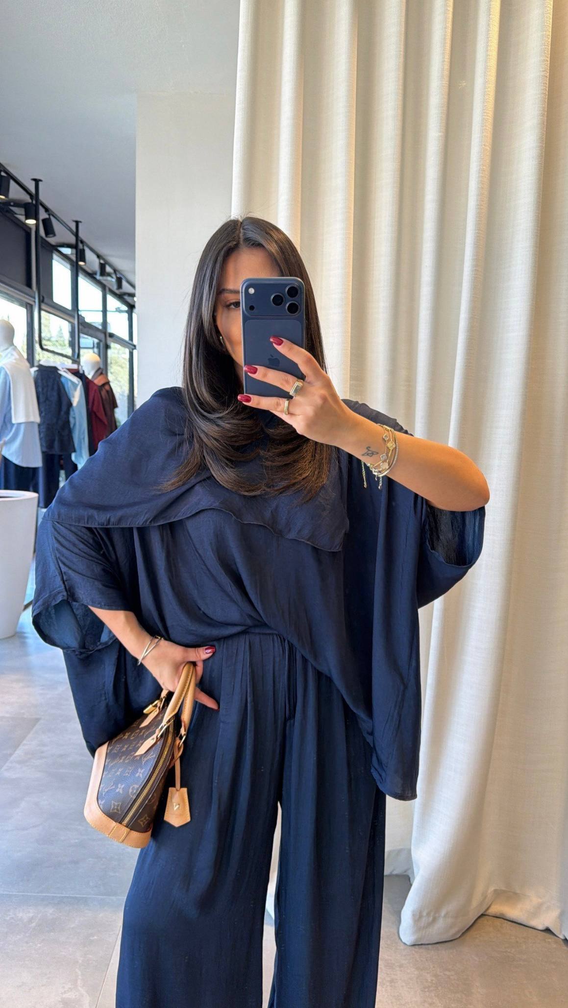 Msyo İkili Takım - Yarasa Kol Bluz ve Bol Paça Pantolon Takımı - Siyah, Kahverengi, Haki