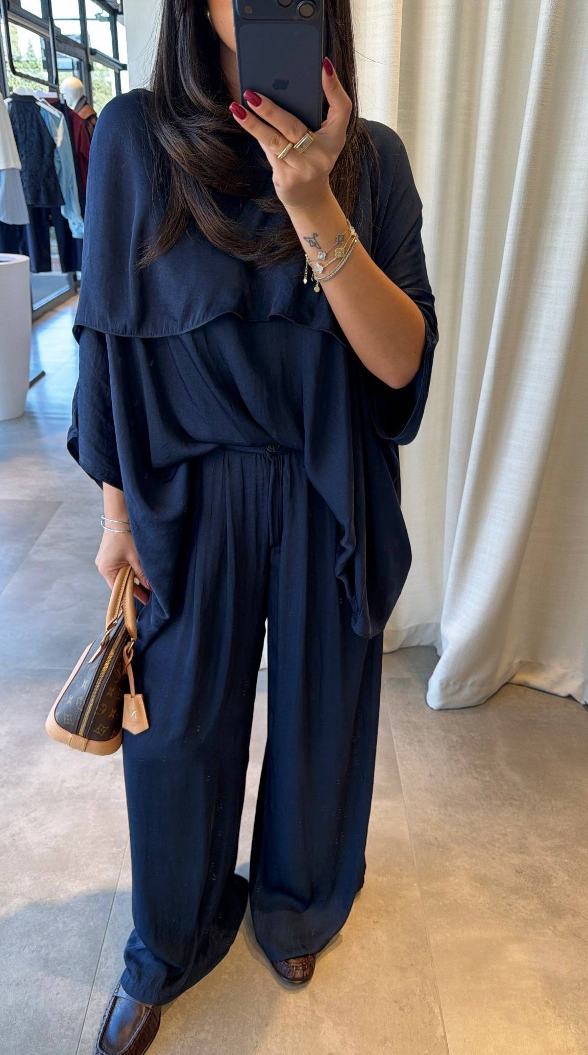 Msyo İkili Takım - Yarasa Kol Bluz ve Bol Paça Pantolon Takımı - Siyah, Kahverengi, Haki