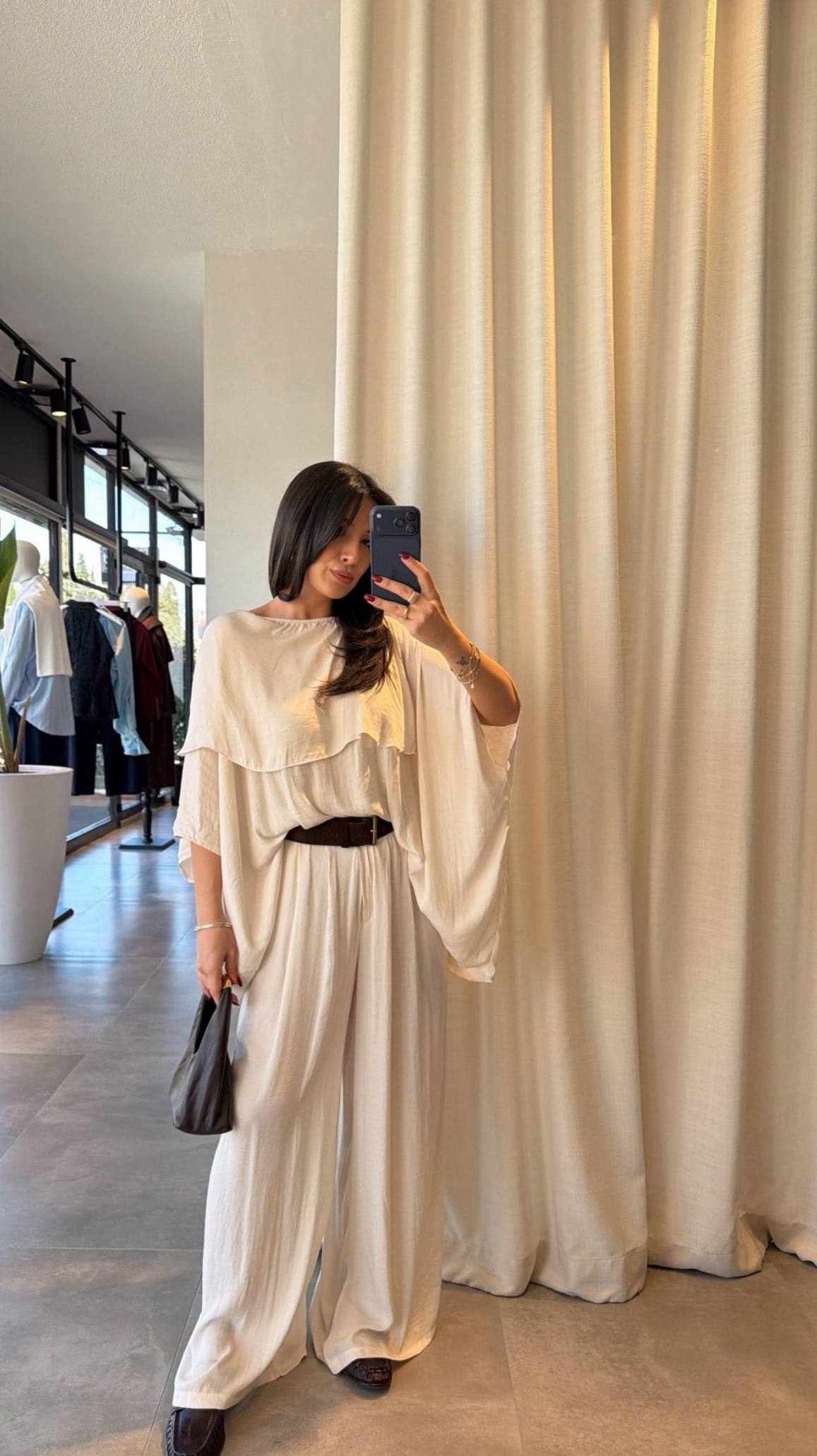 Msyo İkili Takım - Yarasa Kol Bluz ve Bol Paça Pantolon Takımı - Siyah, Kahverengi, Haki