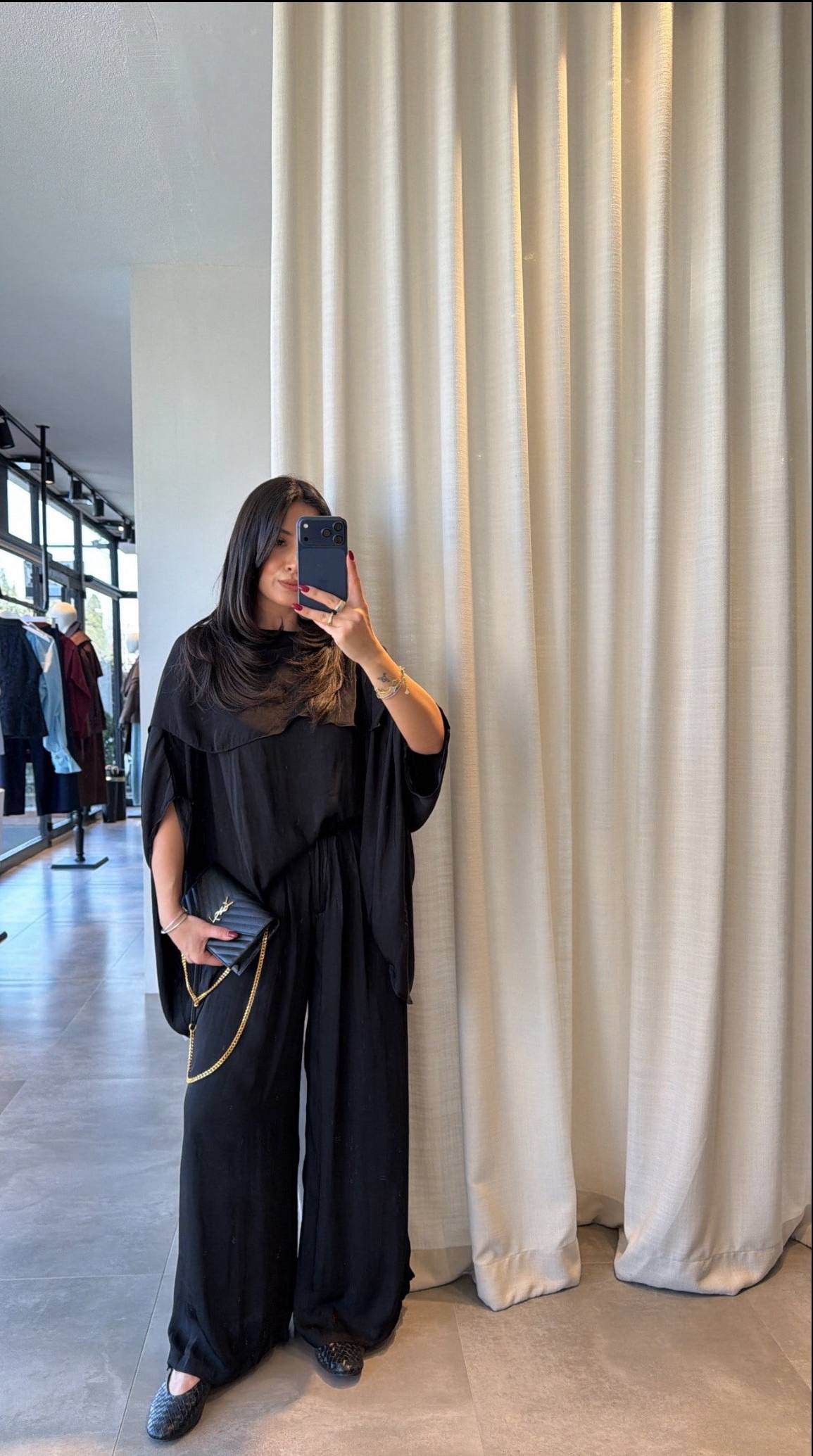 Msyo İkili Takım - Yarasa Kol Bluz ve Bol Paça Pantolon Takımı - Siyah, Kahverengi, Haki