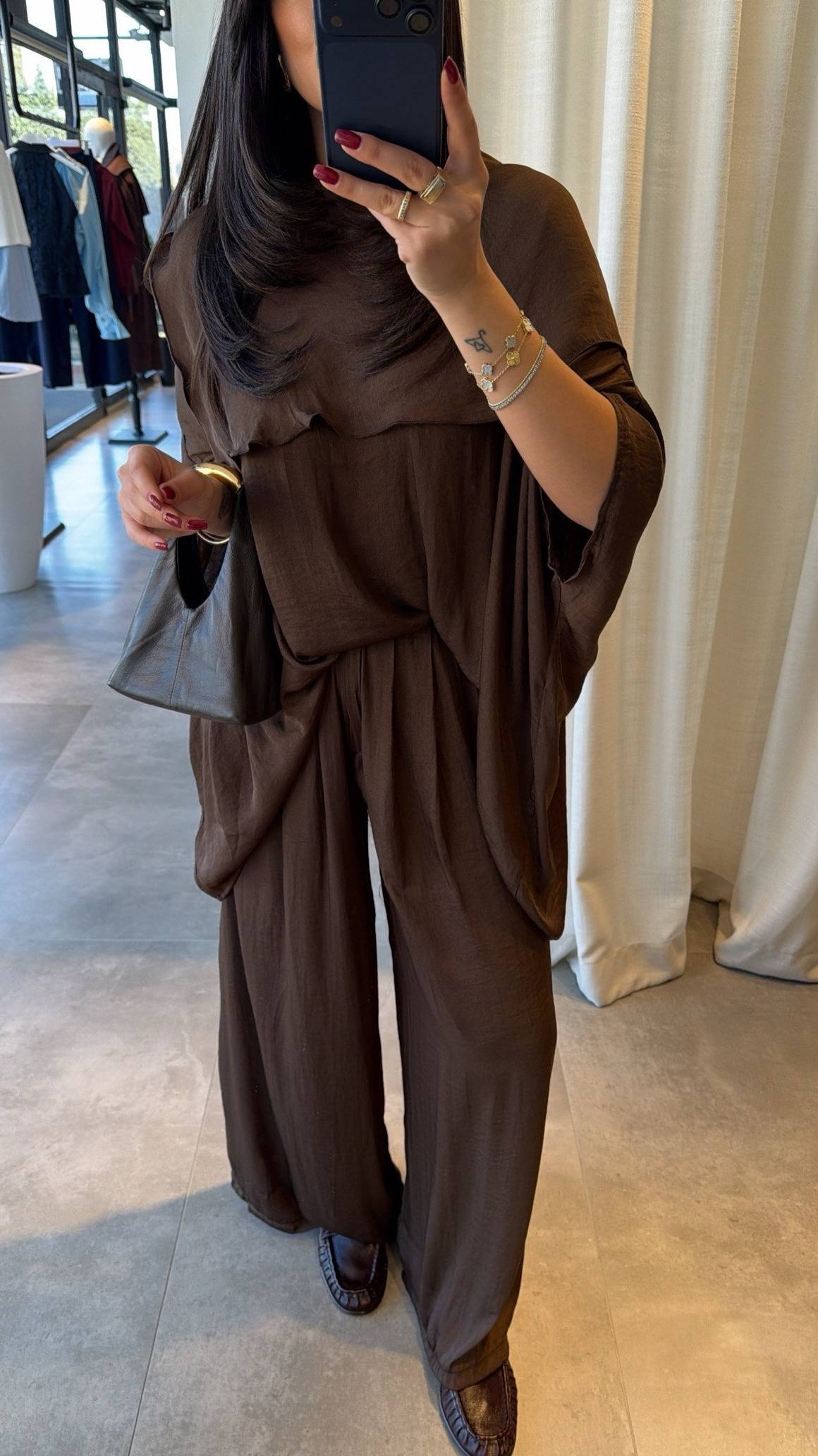 Msyo İkili Takım - Yarasa Kol Bluz ve Bol Paça Pantolon Takımı - Siyah, Kahverengi, Haki