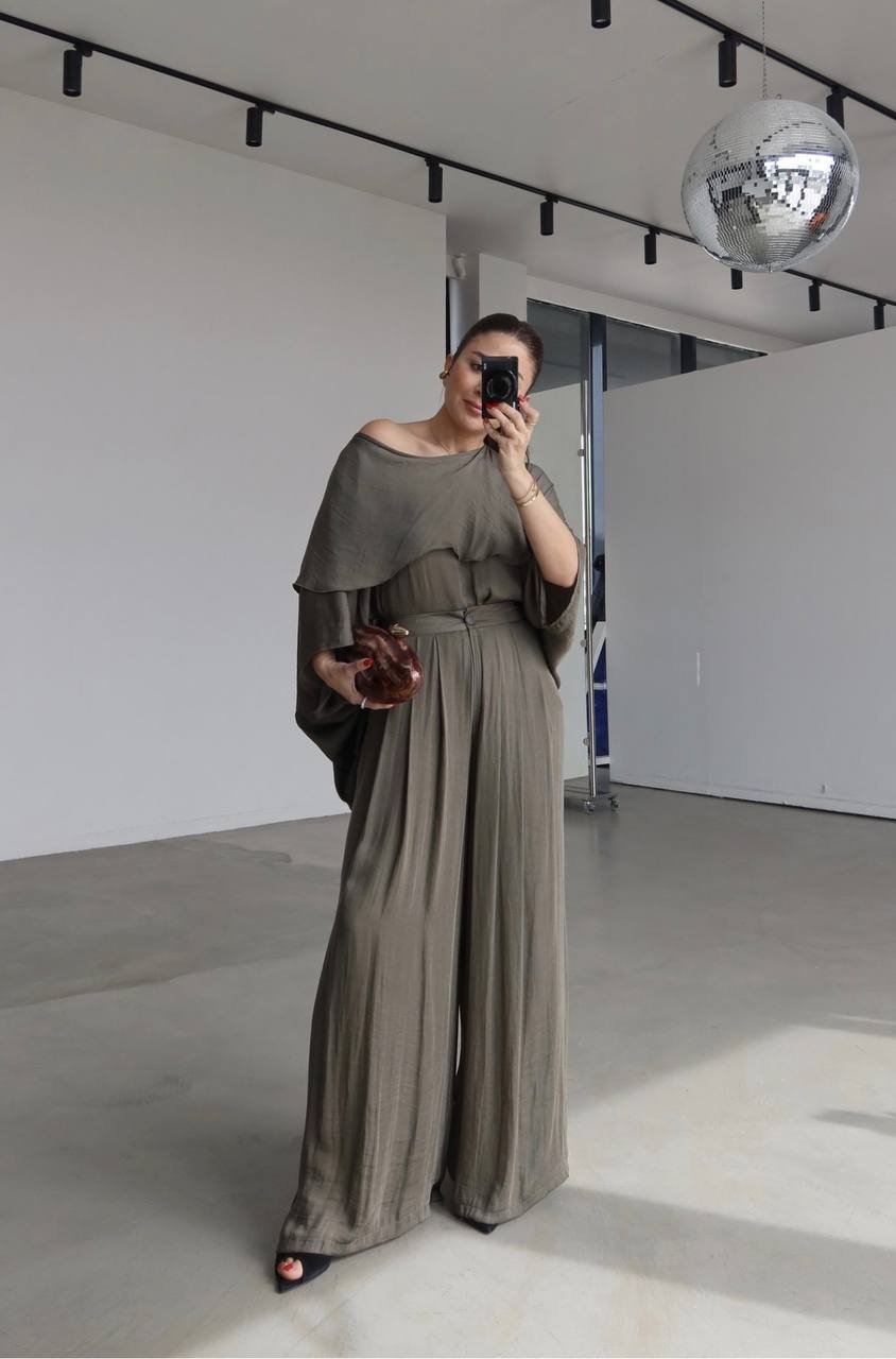 Msyo İkili Takım - Yarasa Kol Bluz ve Bol Paça Pantolon Takımı - Siyah, Kahverengi, Haki