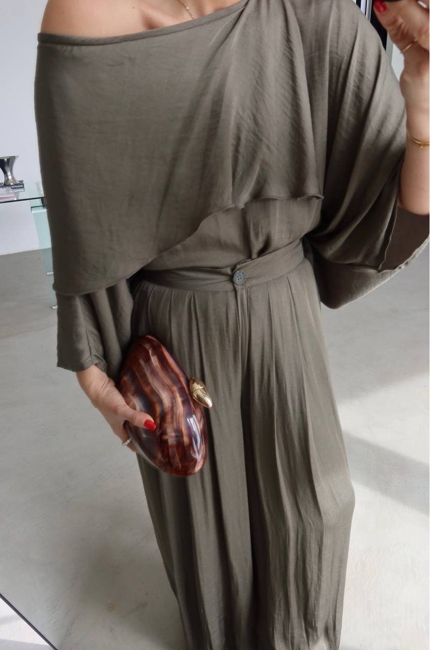 Msyo İkili Takım - Yarasa Kol Bluz ve Bol Paça Pantolon Takımı - Siyah, Kahverengi, Haki