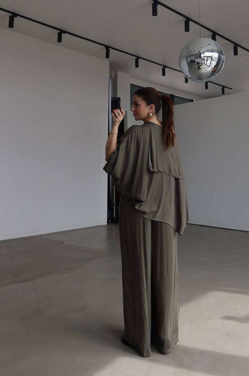 Msyo İkili Takım - Yarasa Kol Bluz ve Bol Paça Pantolon Takımı - Siyah, Kahverengi, Haki