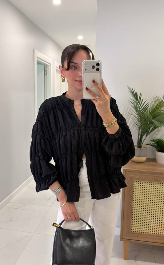 Msyo Büzgülü Bluz - V Yaka Uzun Kollu Puantiyeli Bluz - Siyah