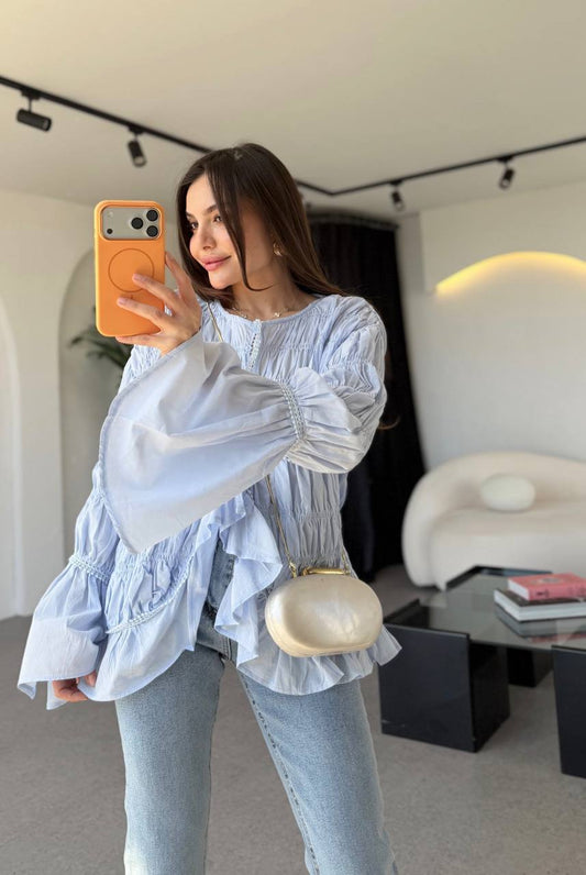 Msyo Fırfırlı Bluz - Büzgülü Balon Kollu Bluz - Mavi, Turuncu