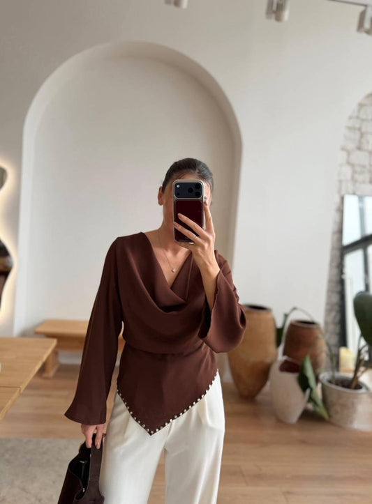 Msyo Asimetrik Bluz - Degaje Yaka İnci Detaylı Bluz - Kahverengi, Bej, Siyah