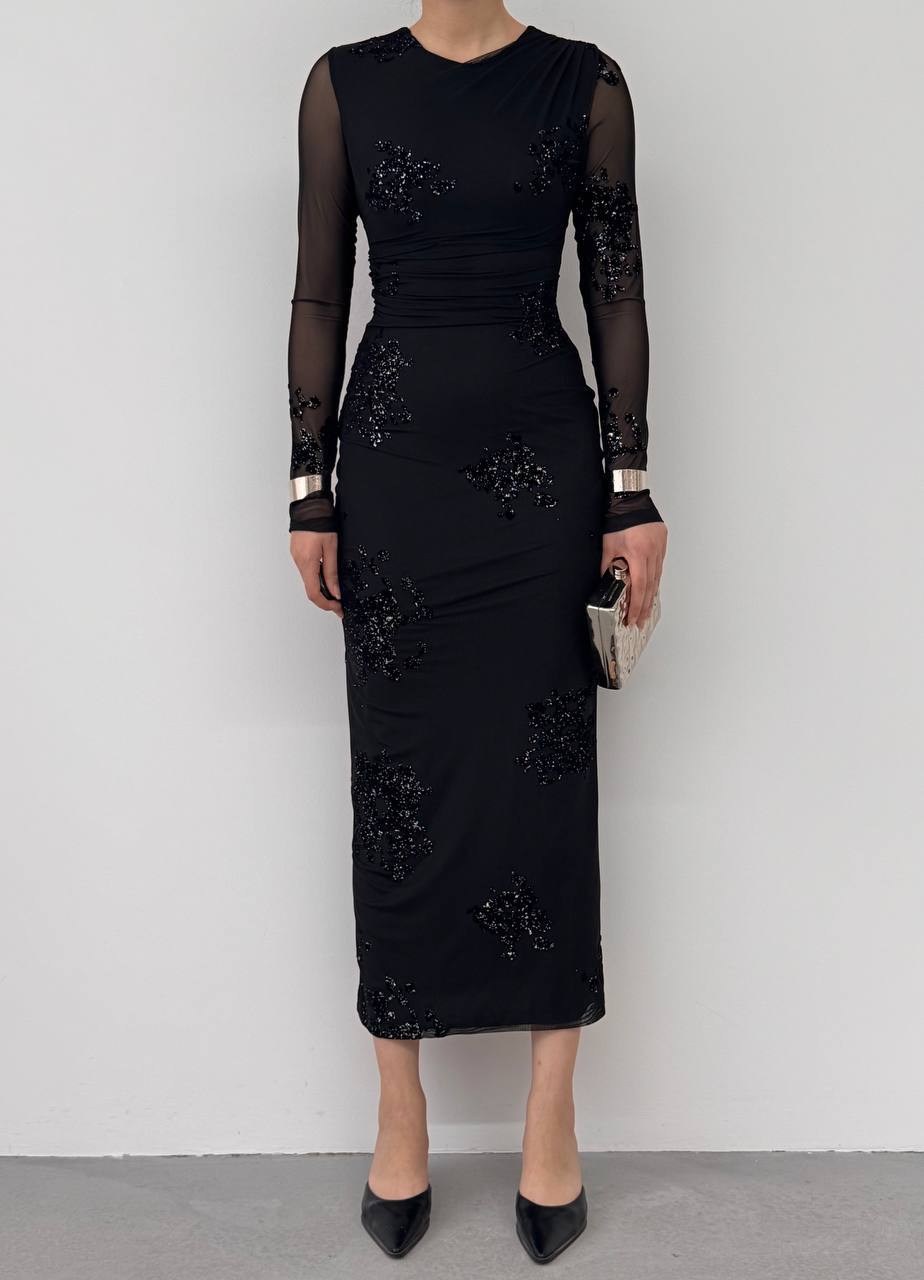 Ekti Simli Tül Kollu Maxi Elbise - Uzun Kollu Yuvarlak Yaka Aplikeli - Siyah / Kahverengi