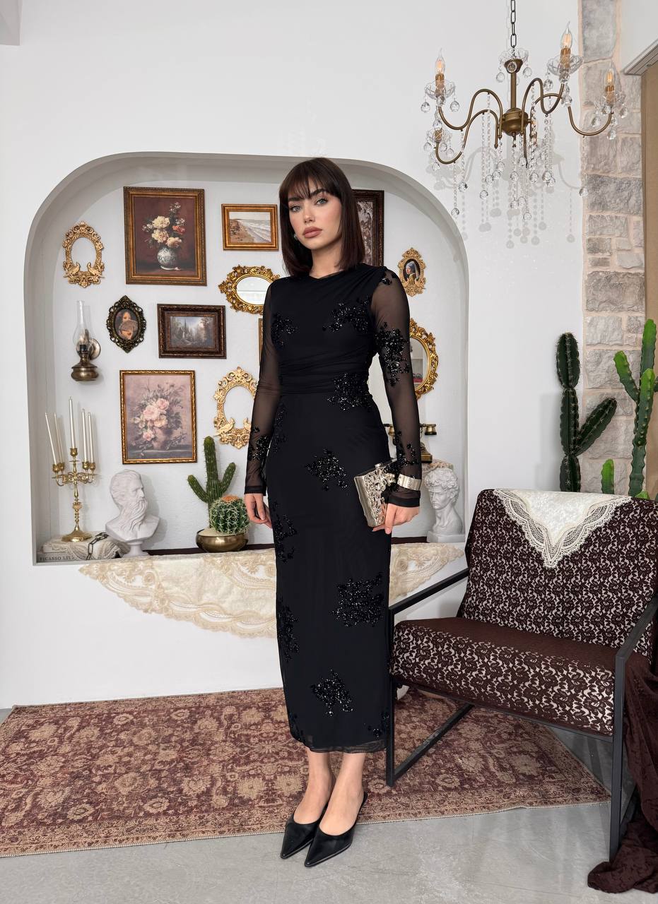 Ekti Simli Tül Kollu Maxi Elbise - Uzun Kollu Yuvarlak Yaka Aplikeli - Siyah / Kahverengi