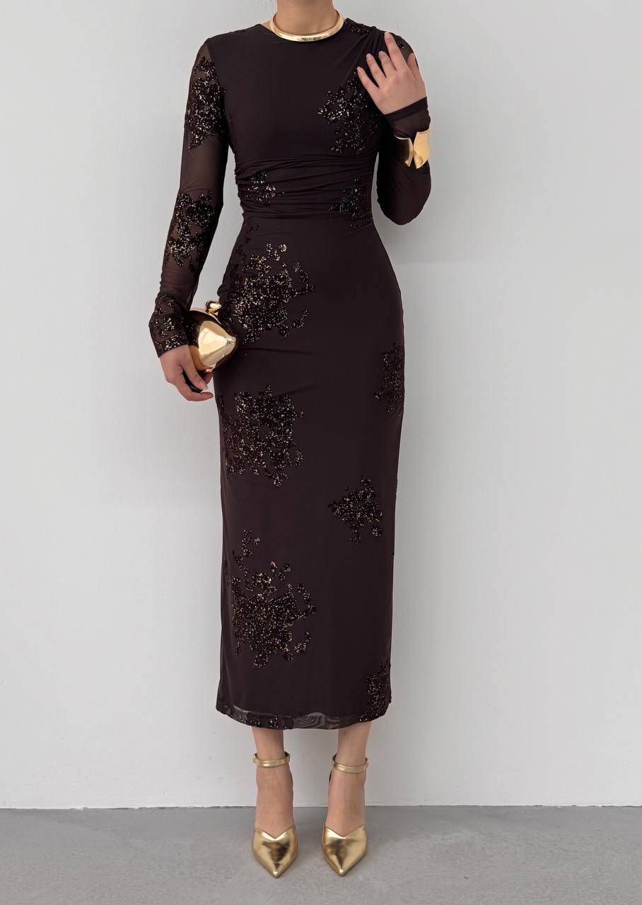 Ekti Simli Tül Kollu Maxi Elbise - Uzun Kollu Yuvarlak Yaka Aplikeli - Siyah / Kahverengi