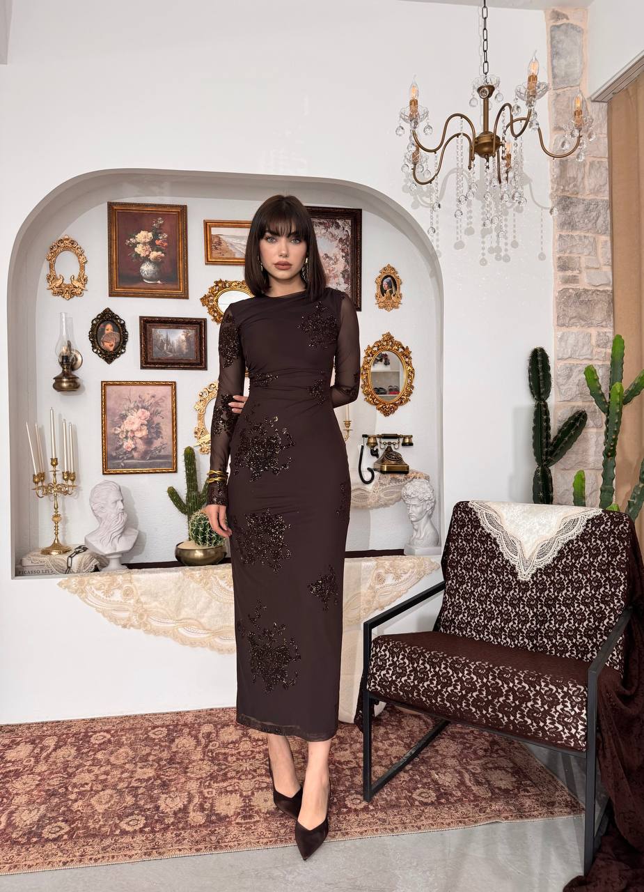 Ekti Simli Tül Kollu Maxi Elbise - Uzun Kollu Yuvarlak Yaka Aplikeli - Siyah / Kahverengi