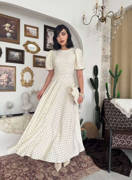 Etke Puantiyeli Balon Kollu Maxi Elbise - Yuvarlak Yaka Vintage - Kahverengi