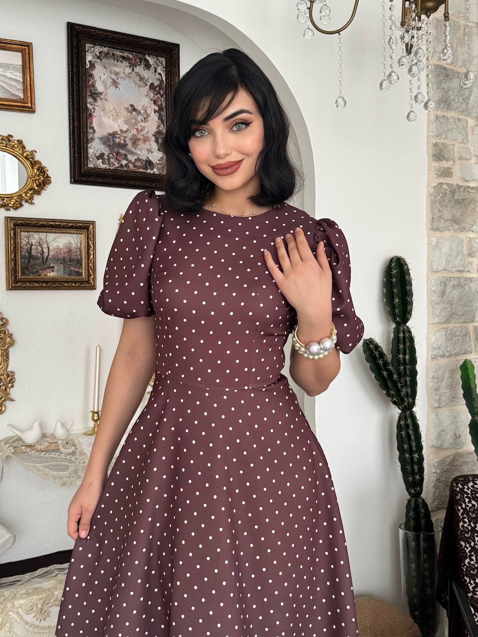 Etke Puantiyeli Balon Kollu Maxi Elbise - Yuvarlak Yaka Vintage - Kahverengi